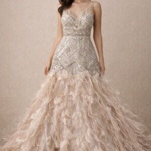 Sue Wong Champagne Beaded Gown Size 2 Art Deco Formal Dress Ruffle Skirt